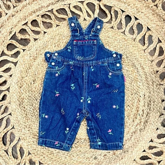Vintage Carter’s Baby 6/9 Month Floral Vestbak Bubble Romper Denim Overalls - Picture 1 of 4